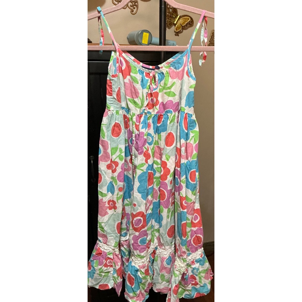 Mini Boden Girls Floral Sun Dress Multi Color Tie Strap Ruffle Size 7-8Y